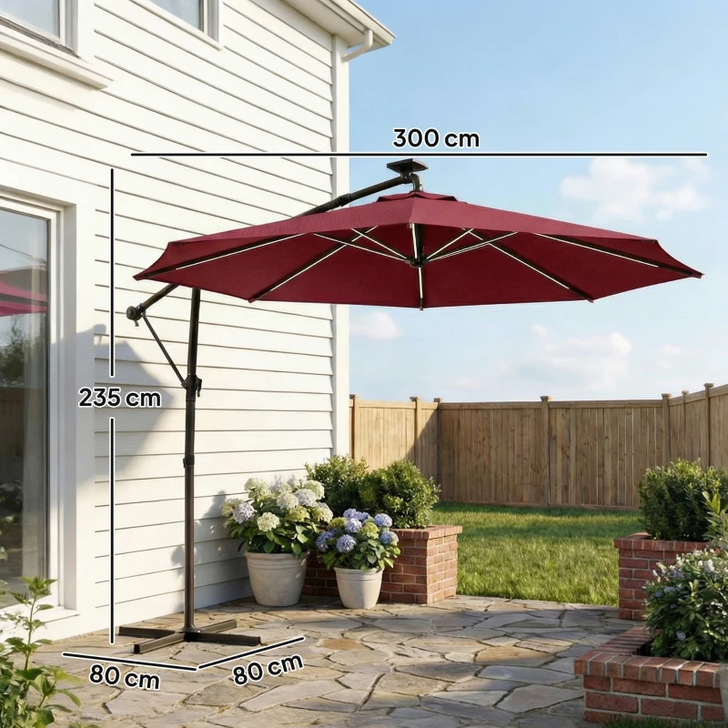 Outsunny 3 m Garden Cantilever Parasol with LED Solar Light, Round Overhanging Umbrella with 360° Rotation, Cover, Wine Red