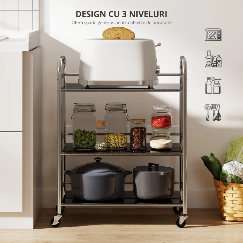 HOMCOM Cărucior multifuncțional cu 4 niveluri, cu raft central reglabil și margini înălțate, din oțel inoxidabil, 60x35x77 cm