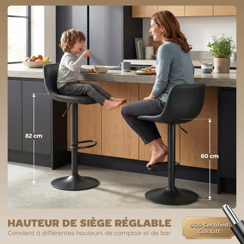 HOMCOM Lot de 2 tabourets de bar, chaises de bar hauteur réglable, dossier et repose-pieds, pivotant 360°, pieds en acier, noir