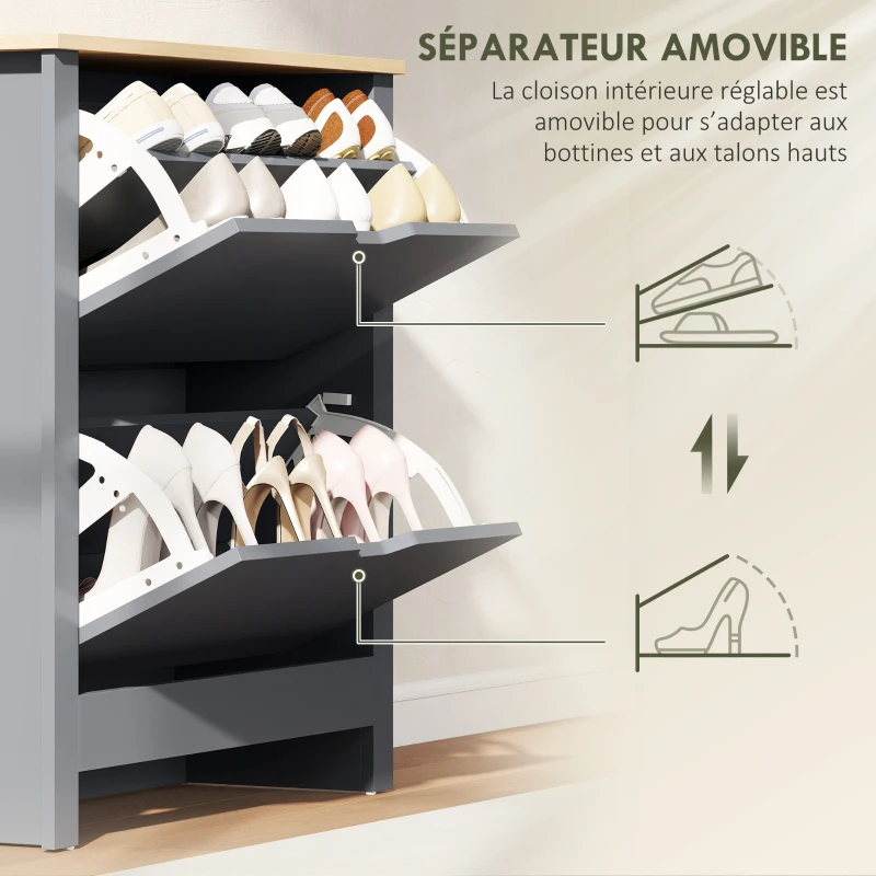 HOMCOM Meuble à chaussures 12 paires, armoire à chaussures étroite avec 2 tiroirs rabattables et étagères réglables, gris foncé