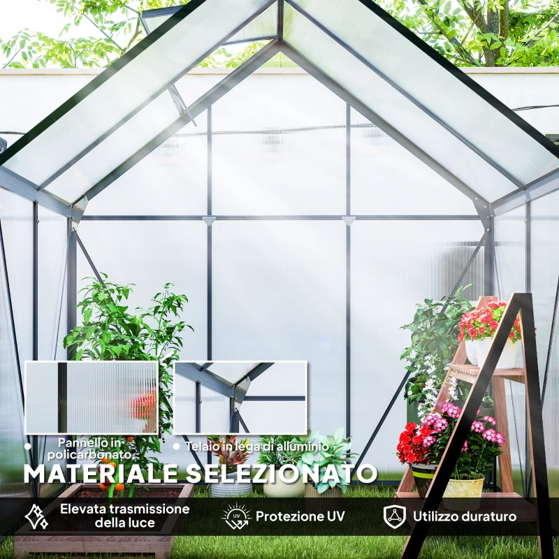 Outsunny Serra in Policarbonato e Alluminio con Porta a Battente e Finestra a Tetto, 192.5x131x200 cm, Grigio
