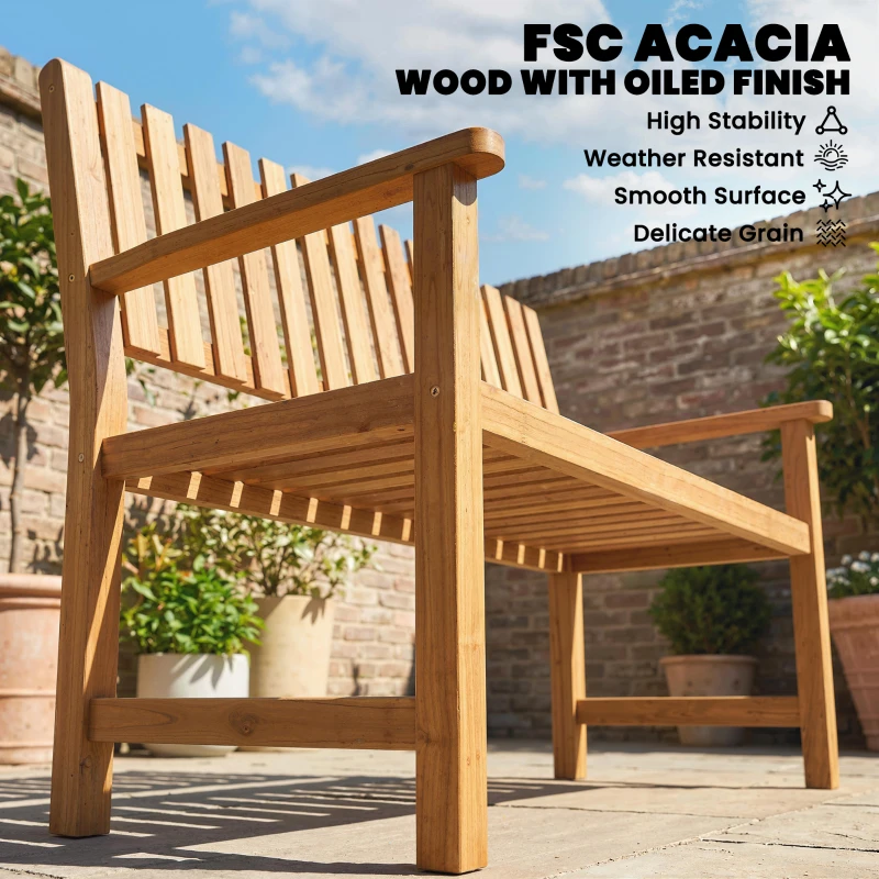 Outsunny Ławka ogrodowa 2-osobowa, odporna na warunki atmosferyczne, drewniana ławka z lamelowym designem i podłokietnikami, do 320 kg, 112 x 64 x 92 cm, naturalne drewno