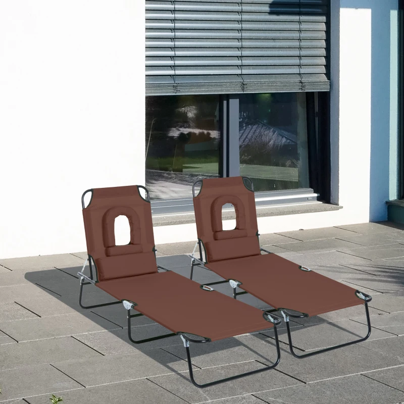 Outsunny Lot de 2 Bains de Soleil Pliable transat inclinable 4 Positions Chaise Longue de Lecture 3 Coussins fournis Marron