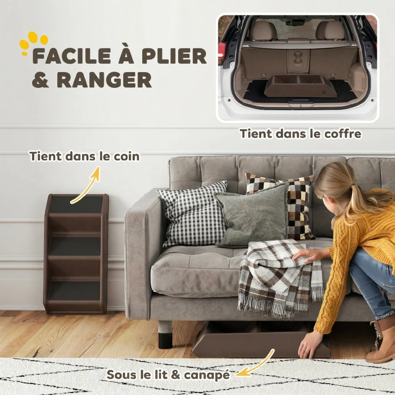 PawHut Escalier pour Chien Pliant à 3 Marches Antidérapantes Escalier pour Animaux en Plastique 50 x 30,5 x 36,5 cm Marron