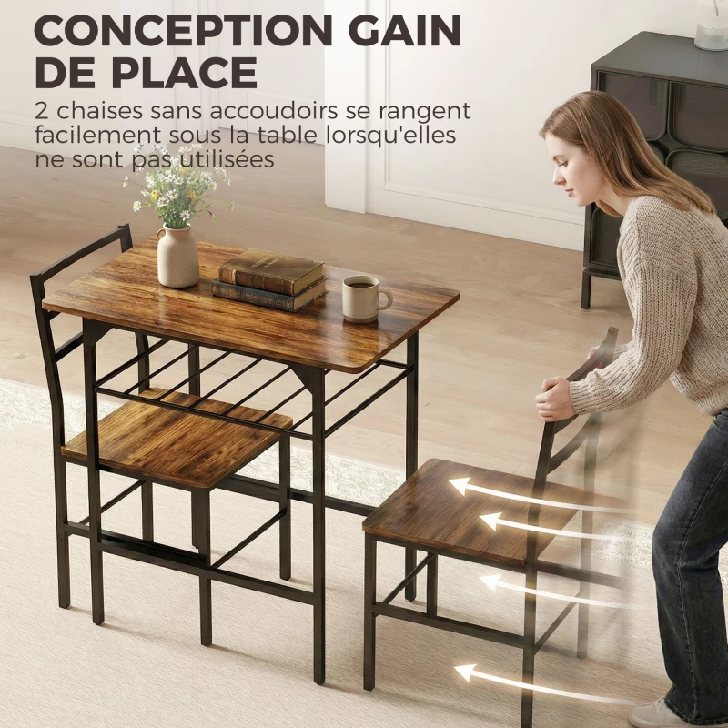 HOMCOM Ensemble table salle à manger avec 2 chaises, table de cuisine avec chaises pour 2 personnes, cadre en métal, marron