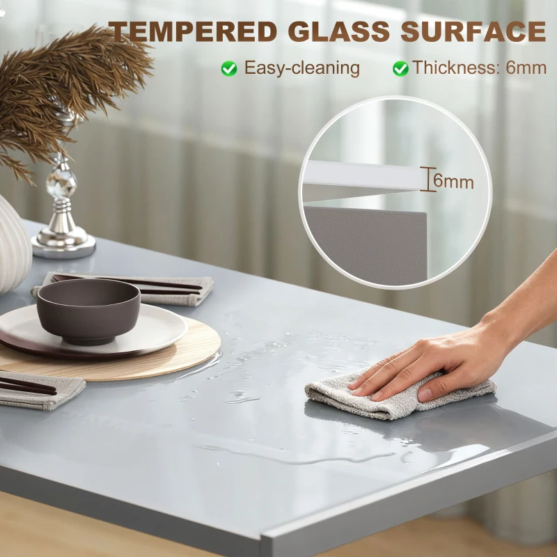 HOMCOM 120cm Dining Table, Rectangle 4 Seater Kitchen Table with Tempered Glass Top and Metal Legs, Grey