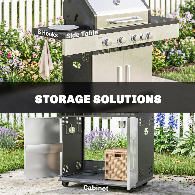 Outsunny 4+1 Burner Gas BBQ Grill, Portable Gas Barbecue Grill with Side Burner, Warming Rack, Side Shelf, Storage Cabinet