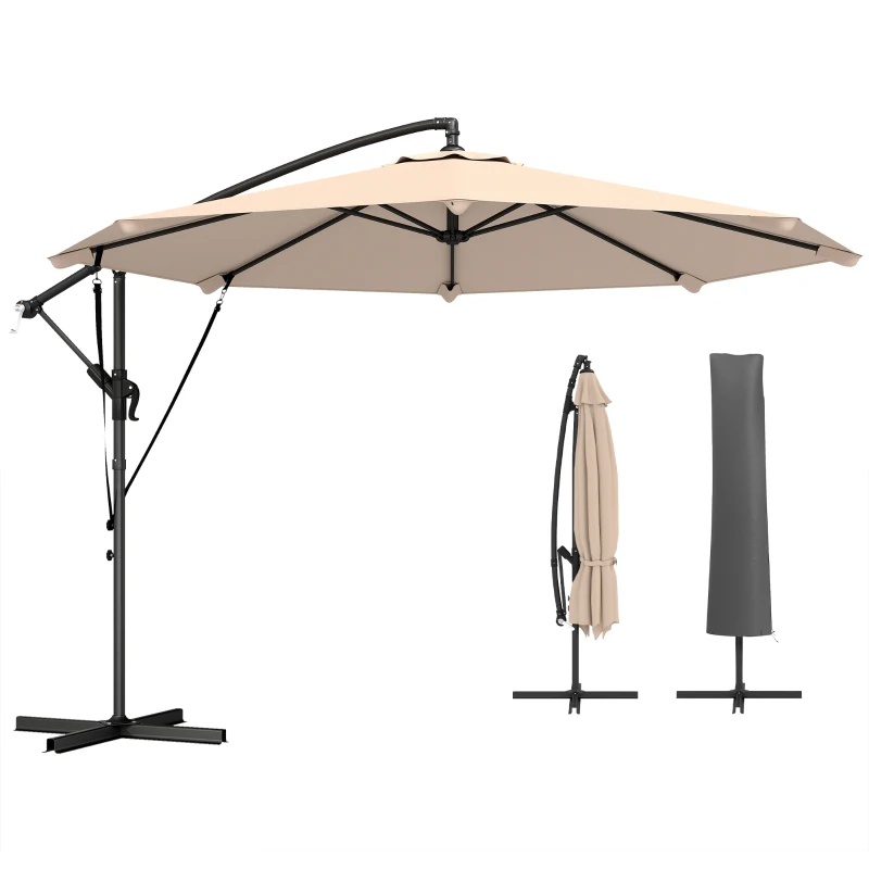 Outsunny 3 m Cantilever Parasol with Protective Cover and Wind Ropes, Banana Parasol with Crank Handle, Khaki