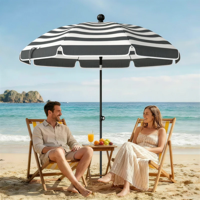 Outsunny 1.8 m Beach Umbrella Parasol with Sand Anchor, Portable 30° Tilting Patio Sun Shade with Adjustable Height, Grey/White