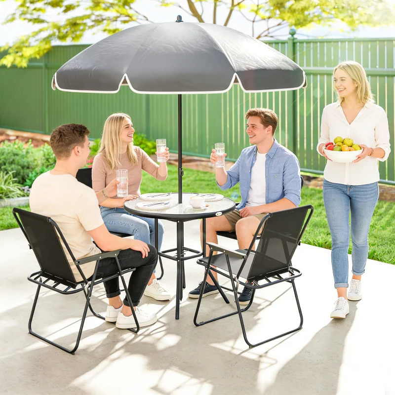 Outsunny 4 Seater Garden Furniture Set, 6 Pieces Garden Table and Chairs with Parasol for Patio, Black