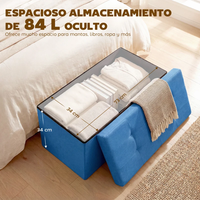 HOMCOM Puff Almacenaje, Banco Almacenaje Plegable 84 L 76x38x38 cm Tapizado en Lino Sintético Azul Claro