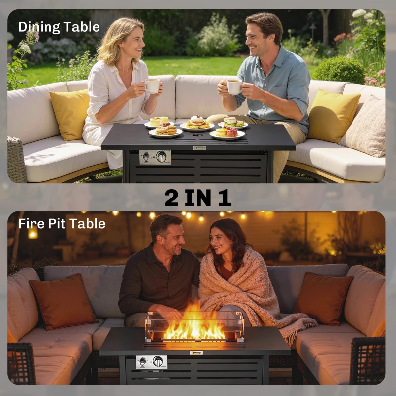 Outsunny Propane Gas Fire Pit Table, Outdoor Firepit with 43" Steel Tabletop and Lid, 50,000 BTU Pulse Ignition Fire Table w/ Stainless Steel Burner, Glass Wind Guard, and Cover