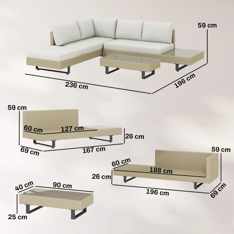 Outsunny Conjunto de Jardim em Vime de 3 peças com Sofá Modular de 3 e 2 Lugares Mesa Lateral e Mesa de Centro Bege