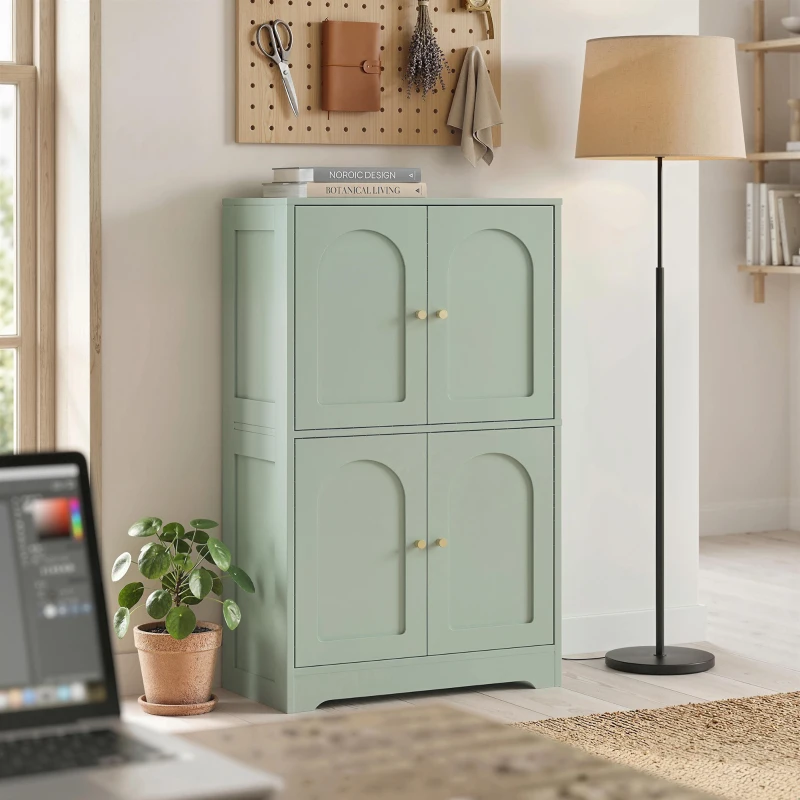 HOMCOM Aparador de cocina, mueble de cocina para almacenamiento con 4 puertas curvas y 2 estantes ajustables, 60 x 30 x 110 cm, verde