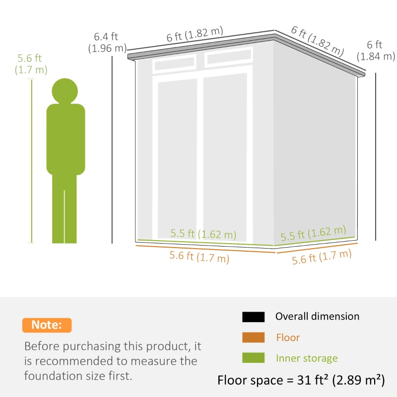 Outsunny 6 x 6 ft Plastic Garden Shed, Wood-Effect Outdoor Storage Shed with Floor, Windows, Lockable Doors and Vents, Grey