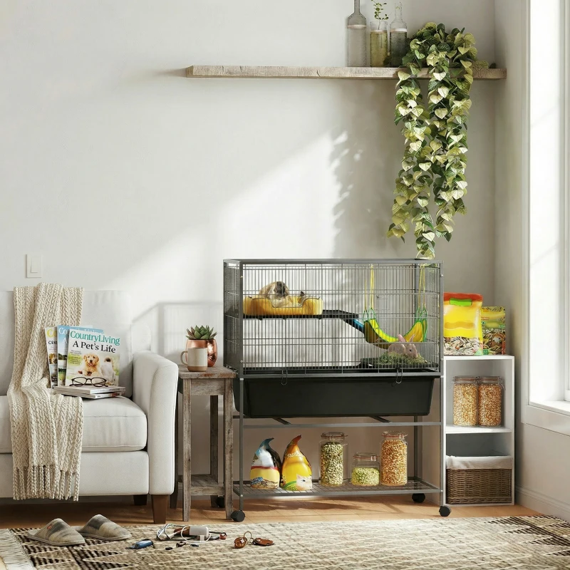 PawHut Jaula para Animales Pequeños de 3 Niveles con Rampas Antideslizantes Puertas Amplias y Ruedas con Freno 88x48x102cm Gris