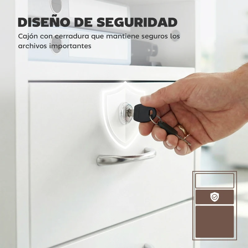 HOMCOM Cajonera de Oficina con Cajón con Cerradura y Armario con Ruedas Soporte de Impresora para Estudio 40x35x60 cm Blanco