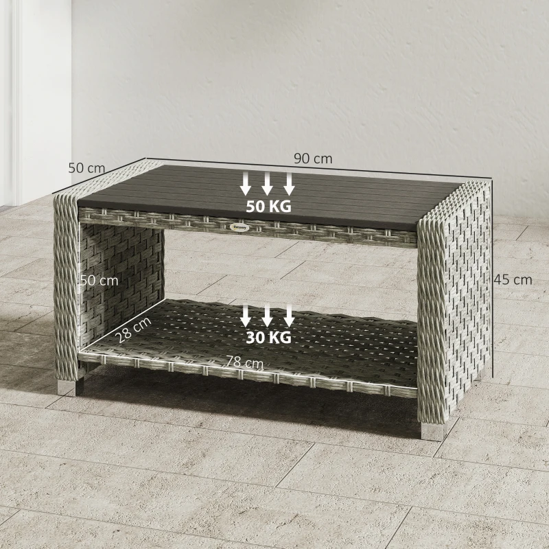 Outsunny Outdoor Coffee Table with Storage Shelf, PE Rattan Side Table with Slatted Top and Foot Pads, Grey