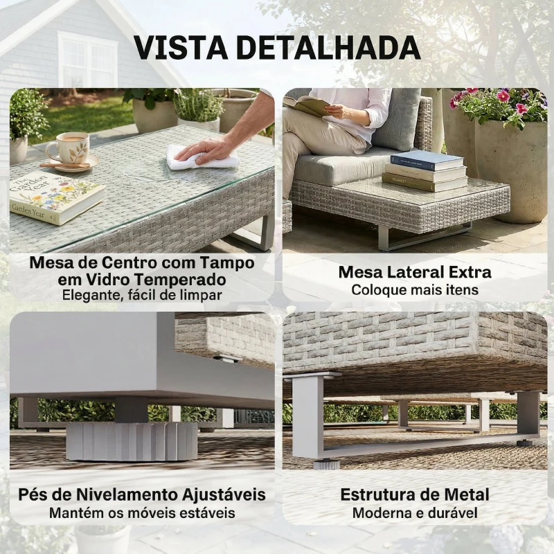 Outsunny Conjunto de Jardim em Vime de 3 peças com Sofás Modulares de 3 e 2 Lugares Mesa Lateral e Mesa de Centro Cinza