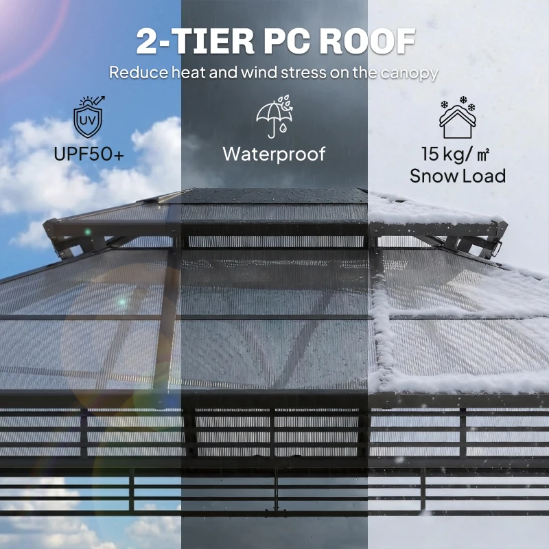 Outsunny 3 x 3.6 m Outdoor Hardtop Gazebo Canopy with 2-Tier Roof, Permanent Pavilion Garden Metal Gazebo with Sides, Dark Grey
