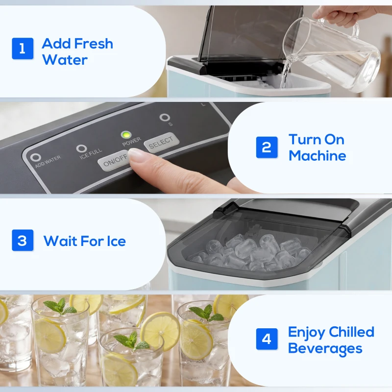 HOMCOM Mașină de Cuburi de Gheață cu Autocurățare 12 kg/24h 9 Cuburi Gata în 7 Minute 2 Mărimi de Gheață Rezervor 1,5L Albastru
