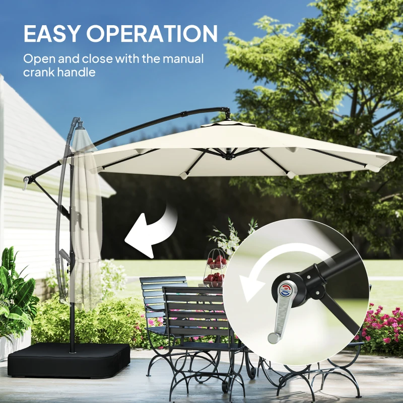 Outsunny 3 m Garden Cantilever Parasol with Cross Base, Sandbag, 360° Rotating Overhanging Banana Umbrella, Cream White