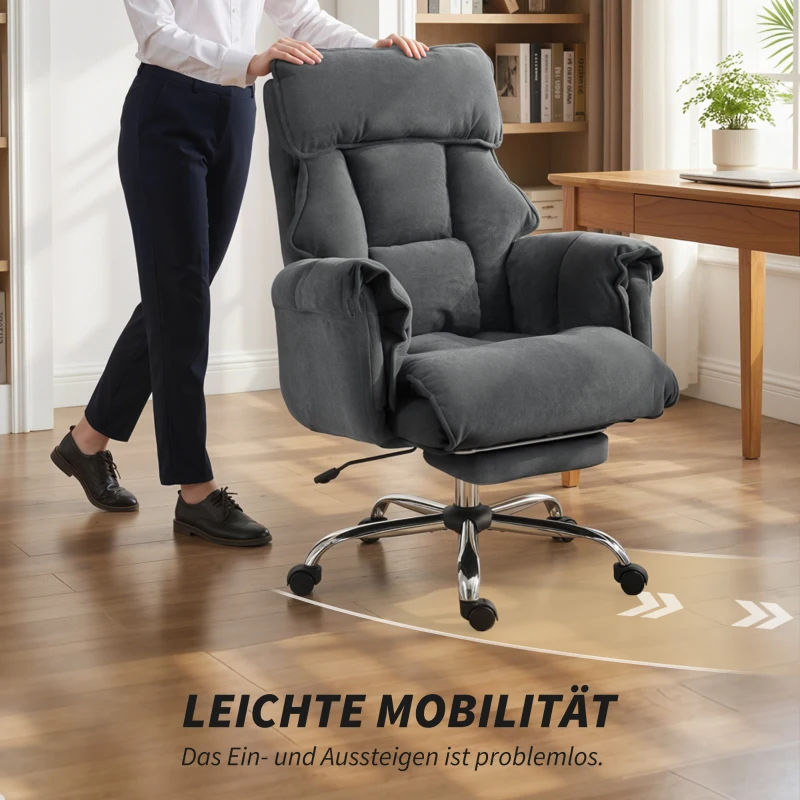 HOMCOM Bürostuhl Höhenverstellbarer Drehstuhl mit Lendenwirbelstütze, Fußstütze, Schneeflanell, 80 x 80 x 106-114 cm Dunkelgrau
