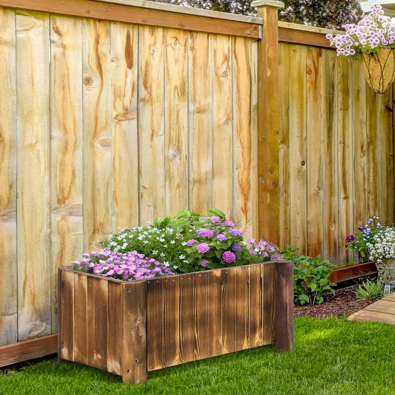 Outsunny Jardinière sur Pied bac à Fleurs dim. 70L x 35l x 30H cm piètement Demi rondin Corps Aspect Lattes Bois Sapin traité carbonisation