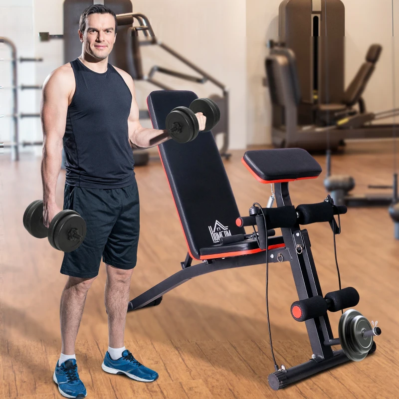 HOMCOM Banc de musculation pliable inclinable réglable sangles élastiques support haltères inclus acier noir rouge + Ensemble d'haltères Courtes Total 20 Kg acier HDPE noir