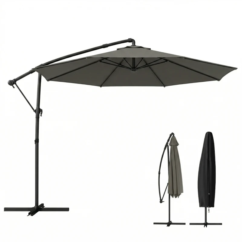 Outsunny 3 m Garden Cantilever Parasol with Cover, Round Overhanging Umbrella with 360° Rotation, Tilt, Grey
