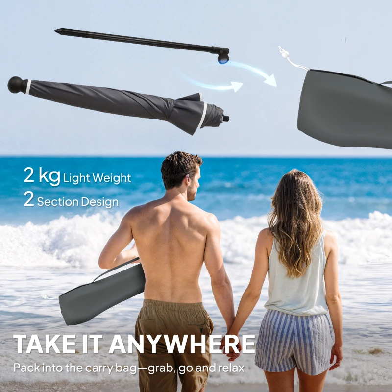 Outsunny 1.8 m Beach Umbrella Parasol with Sand Anchor, Portable 30° Tilting Patio Sun Shade with Adjustable Height, Dark Grey