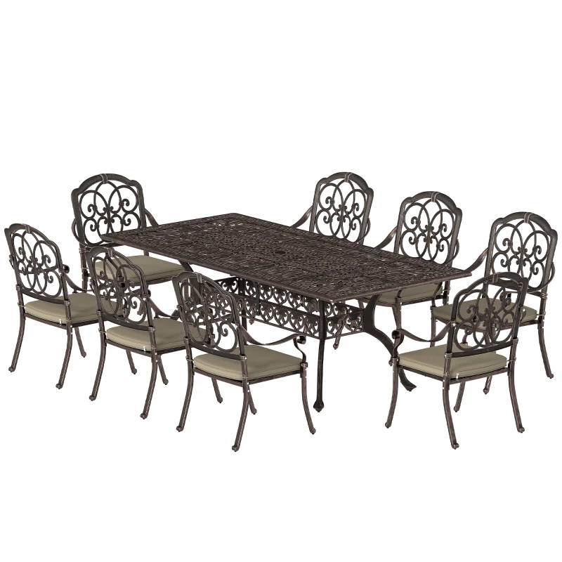 Outsunny 9 Piece Cast Aluminium Garden Dining Set, Garden Table and Chairs Set with Cushions, Parasol Hole for Patio, Bronze Tone