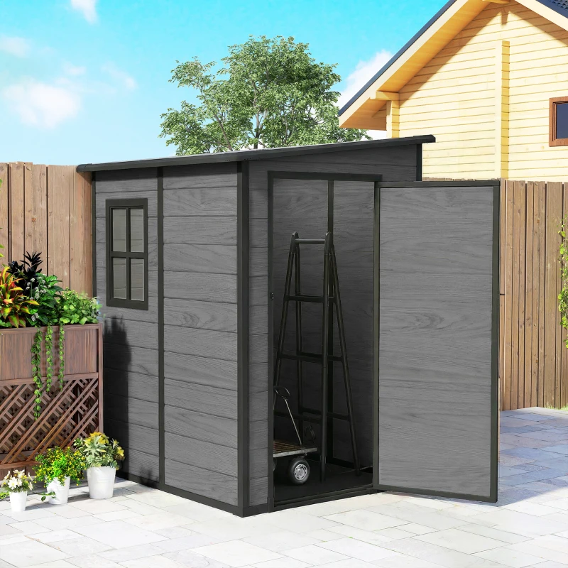 Outsunny 4'x5' Garden Storage Shed, Lean to Shed, Lockable Garden Shed with Window, Vent and Plastic Roof, Wood-Effect