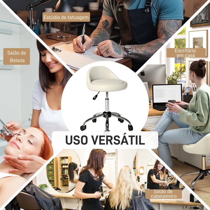 HOMCOM Banco com Rodas Banco Giratório com Altura Ajustável Cosmética Dentista Cabeleireiro Ø50x63-83 cm Branco