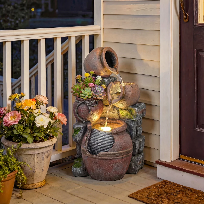 Outsunny Outdoor Fountain with 4-Tier Rustic Pots & Planter, Garden Fountain with LED Lights, Rustic Brown