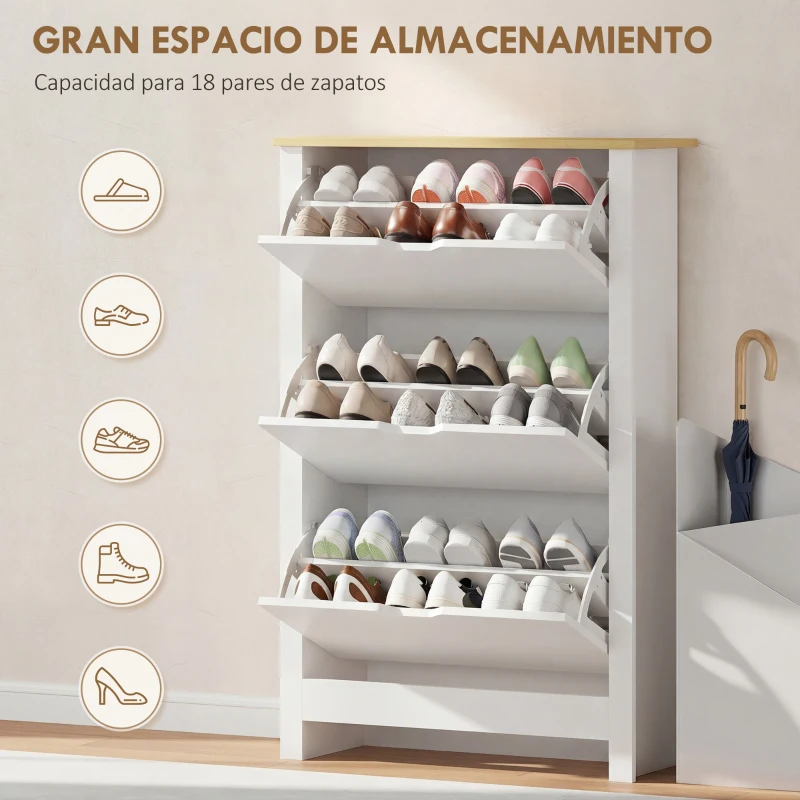 HOMCOM Mueble Zapatero Blanco Armario Zapatero Alto con 3 Cajones Abatibles para 18 Pares de Zapatos 72x26x112 cm Blanco