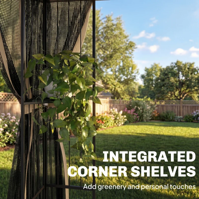 Outsunny 3 x 3 m Outdoor Garden Gazebo with Post Shelves, UPF50+ Double Roof Patio Permanent Pavilion, Brown