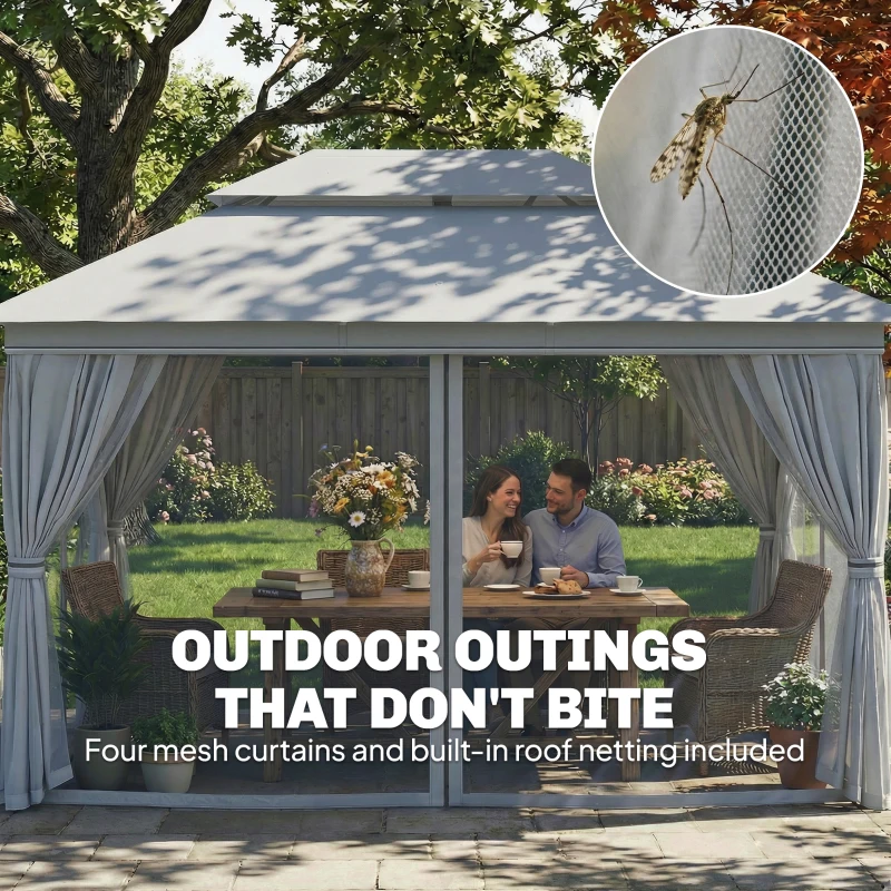 Outsunny 3 x 4 m Outdoor Garden Gazebo with Netting and Curtains, UPF50+ Patio Gazebo Permanent Pavilion Canopy, Dark Grey
