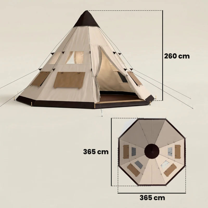 Outsunny 6 Men Tipi Tent with Carry Bag - Khaki