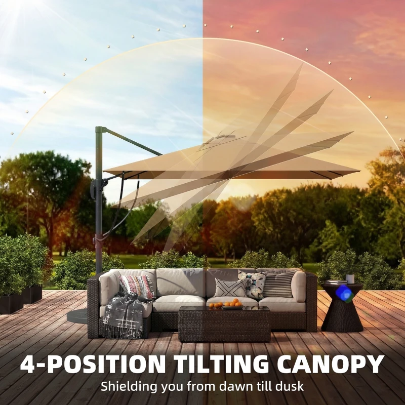 Outsunny 3 x 3 m Garden Cantilever Parasol with Light, Cover, Overhanging Umbrella w/ Wind Protection, 360° Rotation, Khaki