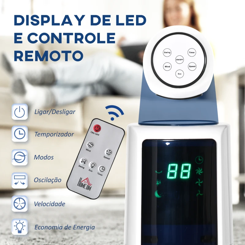 HOMCOM Ventoinha de Torre Silenciosa 50W com Controlo Remoto 3 Velocidades 3 Modos Temporizador 12H Oscilação 40° Branco