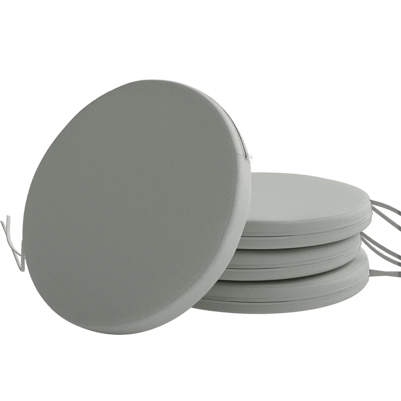 Outsunny Outdoor Bistro Chair Cushions Set of 4 with Removable Cover, 41 x 41 x 5 cm Round Seat Cushions with Ties, Light Grey