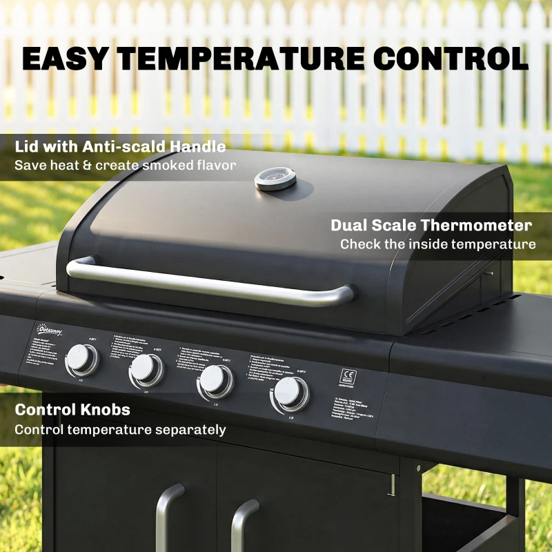 Outsunny 4+1 Burner Gas BBQ Grill with Storage Cabinet, 15.2 kW Gas Barbecue Trolley with Side Table, 4 Wheels, Warming Rack