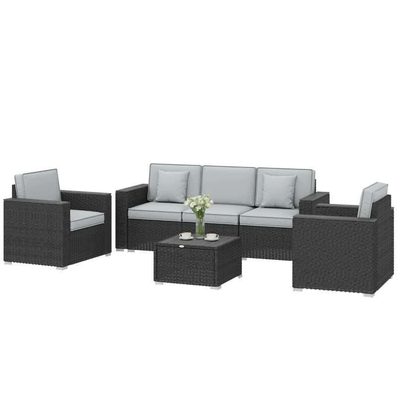 Outsunny 5 Seater Rattan Garden Furniture Set with Wide Armrests, Cushions, Pillows for Patio, Dark Grey