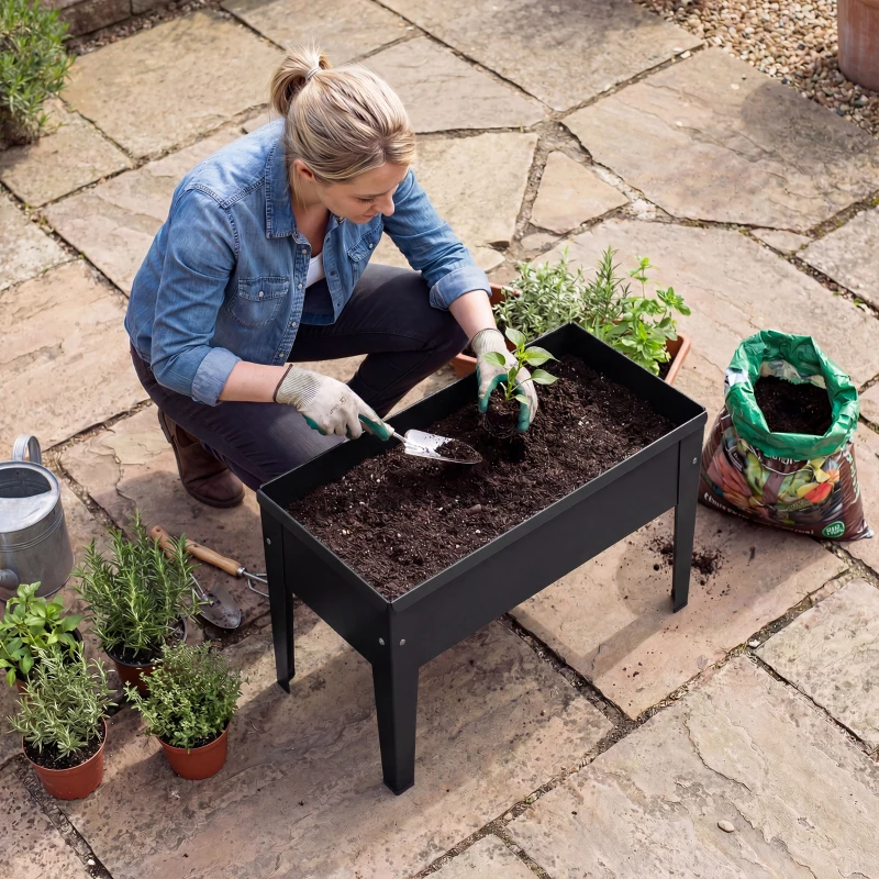 Outsunny Raised Planter, Metal Raised Garden Bed on Legs with Drainage Hole and Foot Covers, Black