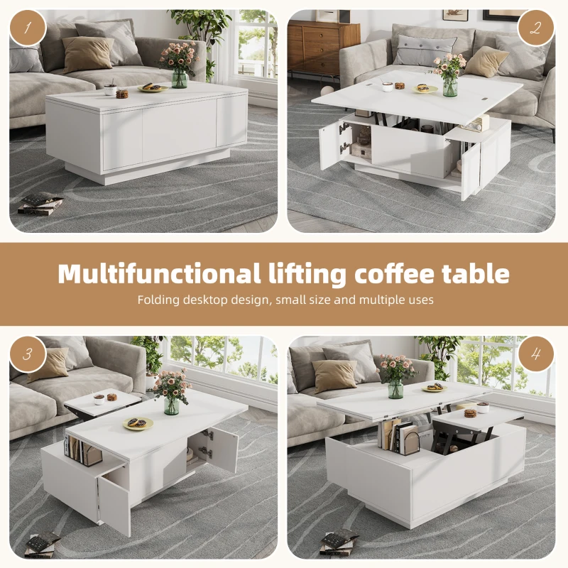 Lift-Up Coffee Table With 2 Doors, 2 Liftable Tops, 2 Cabinets, Particleboard Centre Desk With Hidden Storage, 100L x 50W x 55.5H cm, White