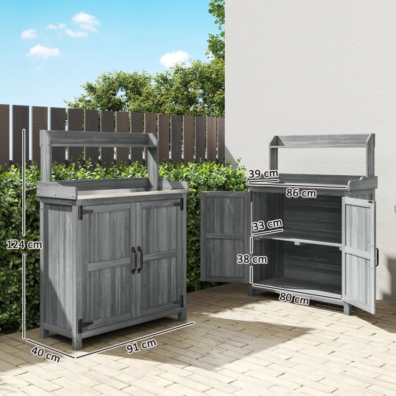 Outsunny Wooden Potting Bench Table with Aluminium Worktop, Outdoor Garden Workbench with Top Shelf and Cabinet Storage