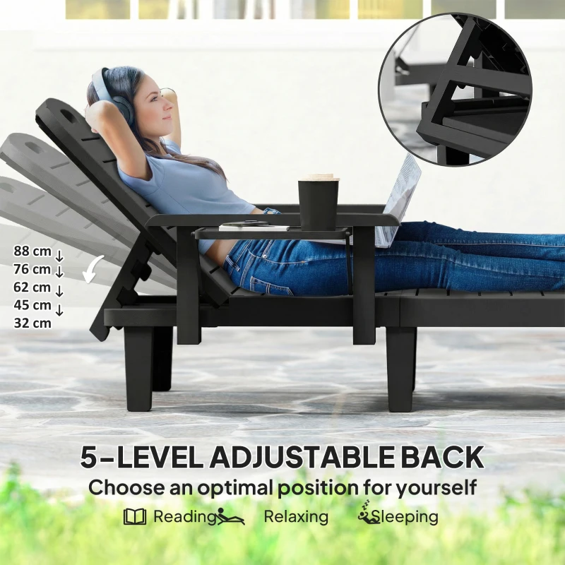 Outsunny Set of 2 Reclining Sun Loungers, 5 Positions Adjustable Outdoor Chaise Lounge Chair with Armrests, Black