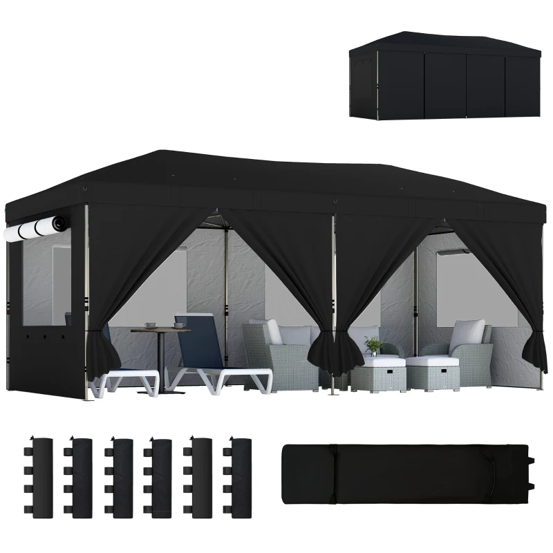 Outsunny 3 x 6 m Pop Up Canopy with UV50+ Protection Garden Gazebo with 6 Sidewalls, Black