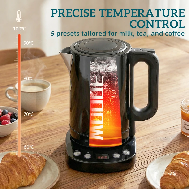 HOMCOM Electric Kettle, 1.7L, Fast Boil, 3kW Water Kettle with UK Strix Thermostat, Keep Warm Function, LCD Base, Black